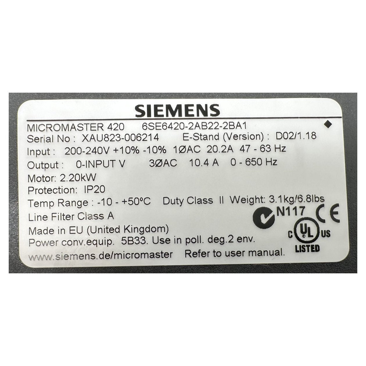 AJ273 Micromaster 420 Siemens 6SE6420-2AB22-2BA1 E:D02/1.18 Geöffnet OVP_4