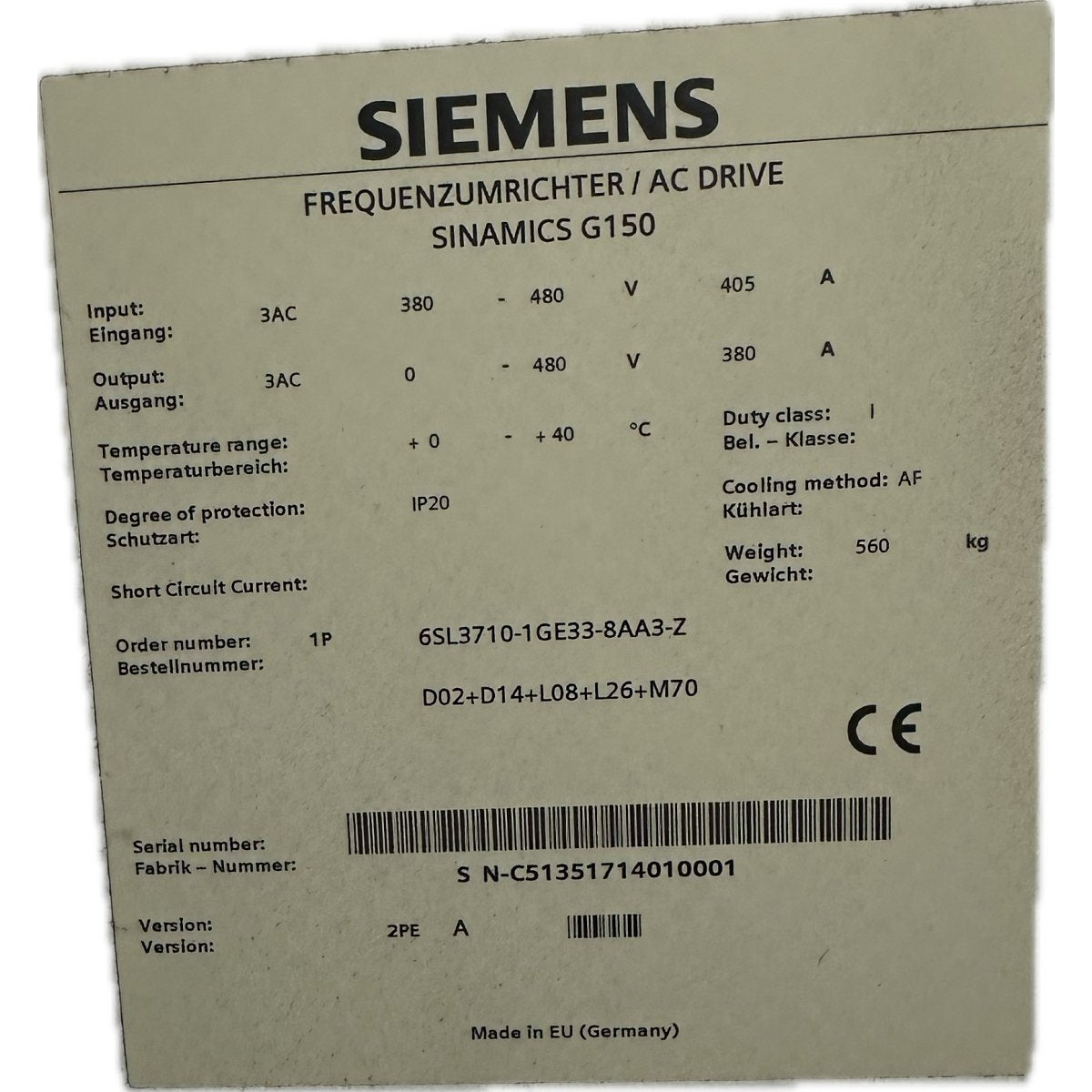 Siemens 6SL3710-1 GE33-8AA3-5