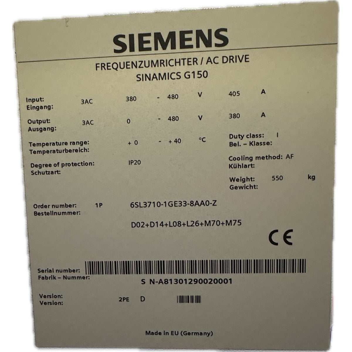 Siemens 6SL3710-1GE33-8AA0-3