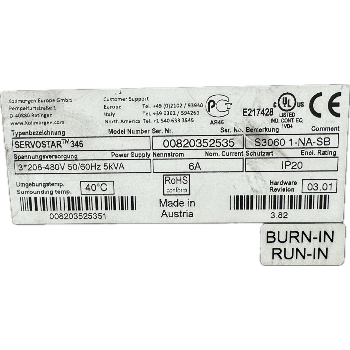 FJ60 Servo Drive Kollomorgen Servostar 346 S3060 1-NA-SB V03_4