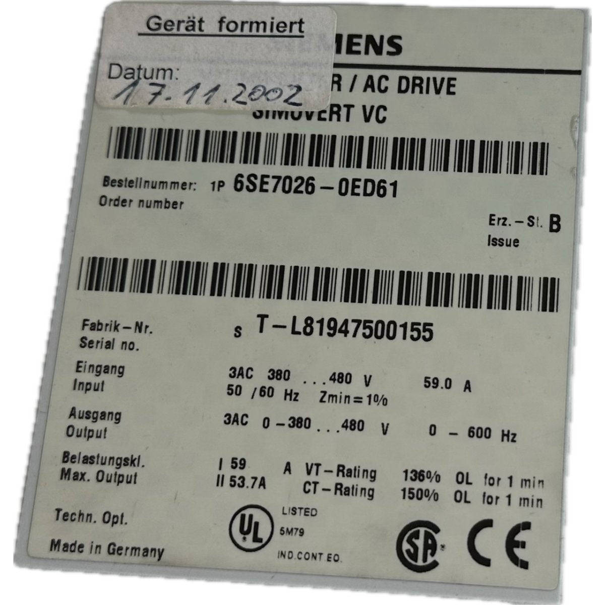 Siemens 6SE7026-0ED61-4