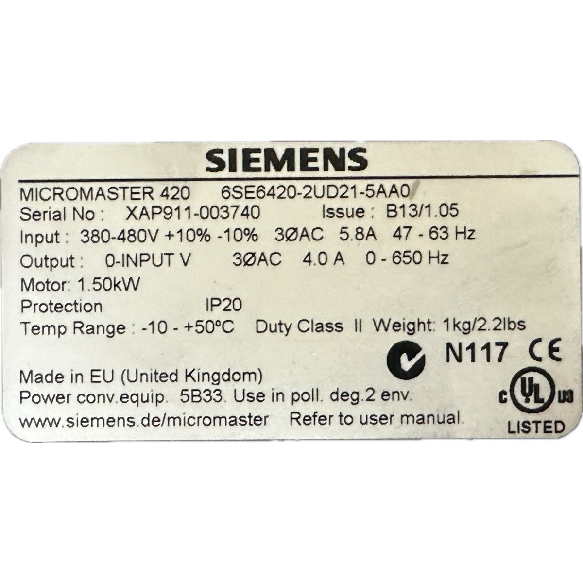 Siemens 6SE6420-2UD21-5AA0-5