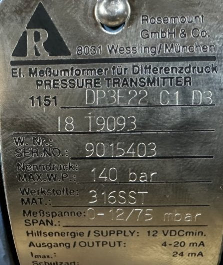 Rosemount 1151 DP3E22 C1 D3 I8 T9093-4