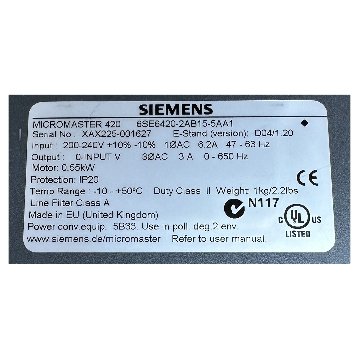 NJ420 Frequenzumrichter Siemens 6SE6420-2AB15-5AA1 0,55KW_4