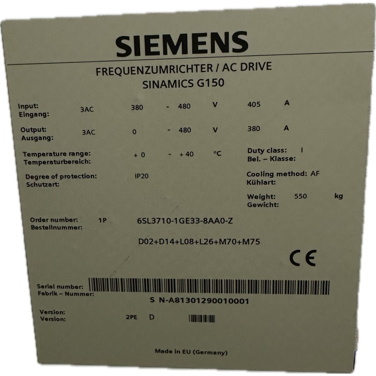Siemens 6SL3710-1GE33-8AA0-3