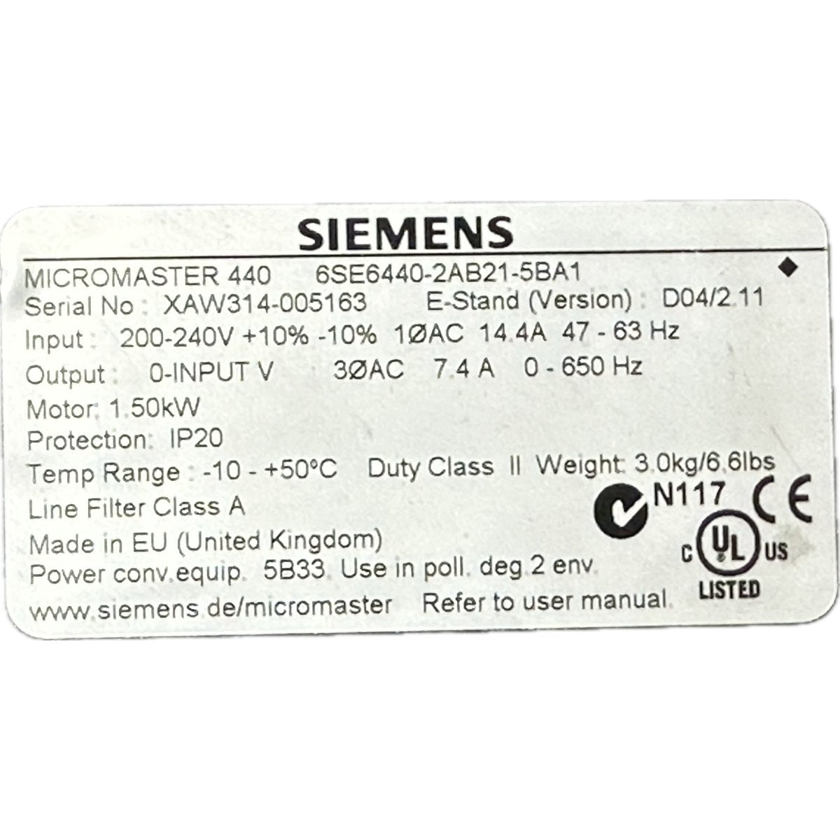 Siemens 6SE6440-2AB21-5BA1-4