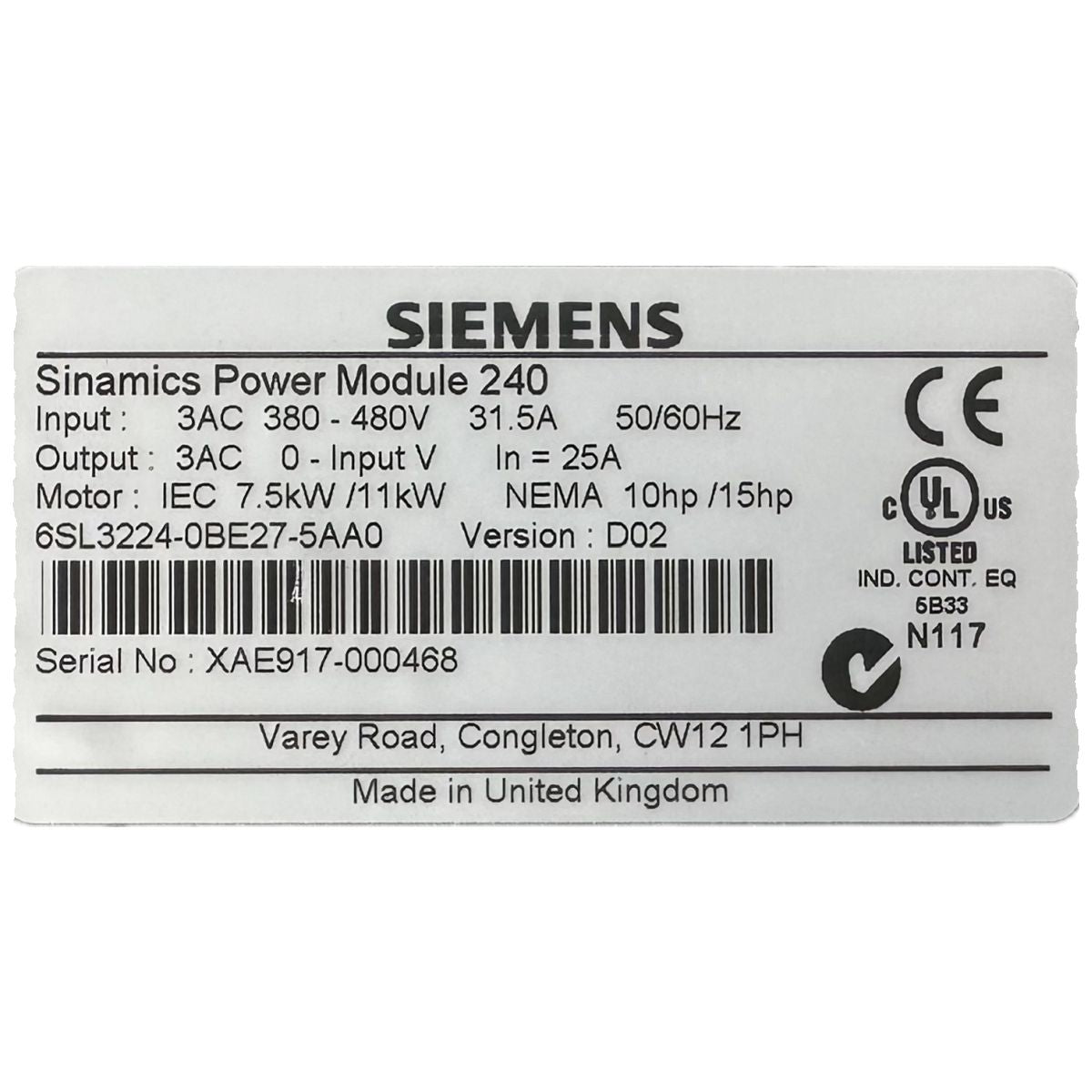 GJ272 Sinamics Power Module 240 Siemens 6SL3224-0BE27-5AA0_4