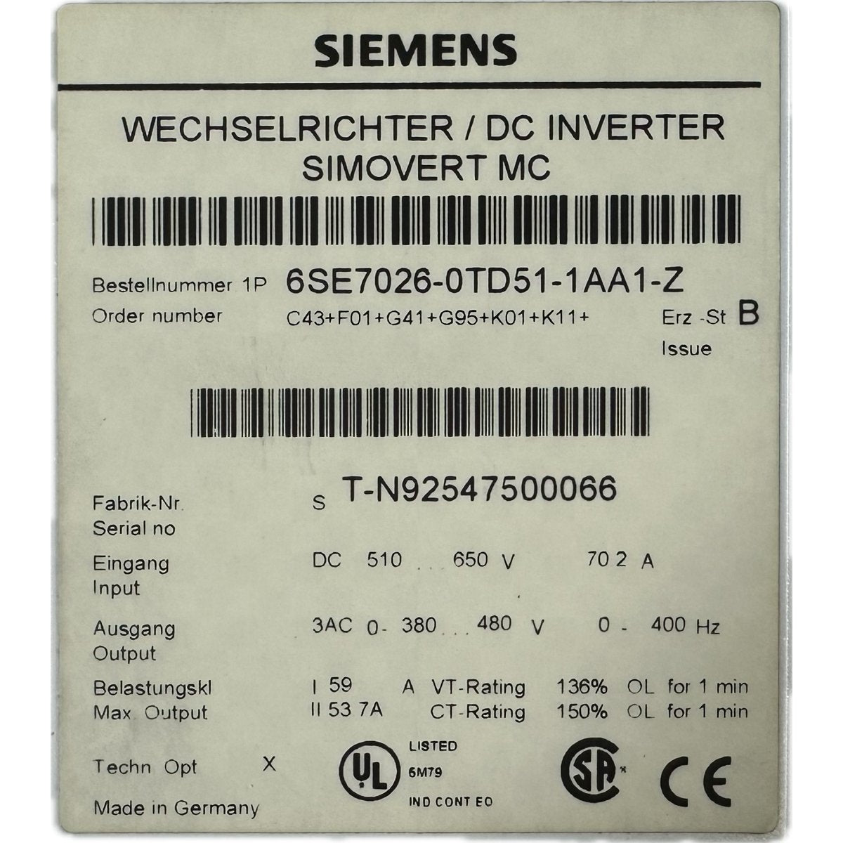 Siemens 6SE7026-0TD51-1AA1-Z-4