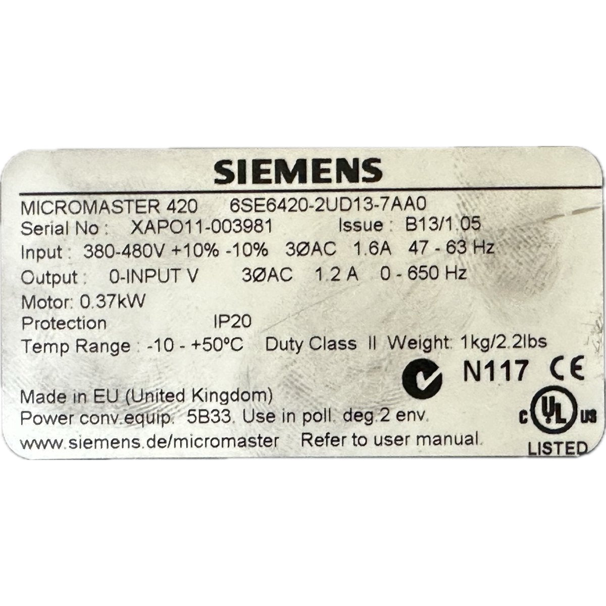 Siemens 6SE6420-2UD13-7AA0-5