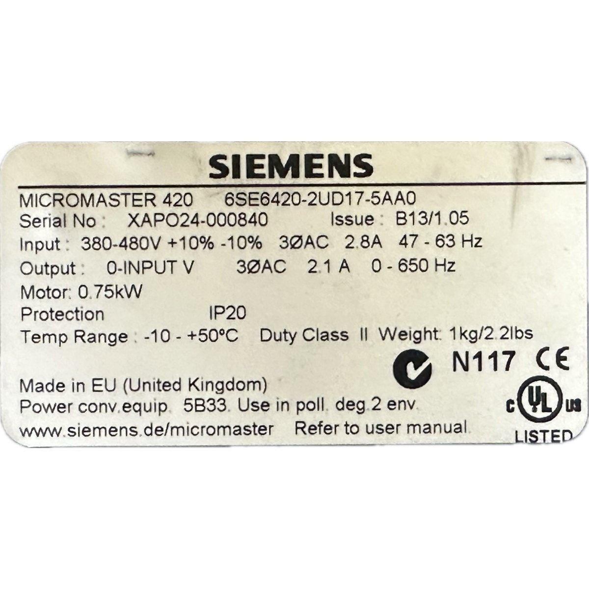 Siemens 6SE6420-2UD17-5AA0-5