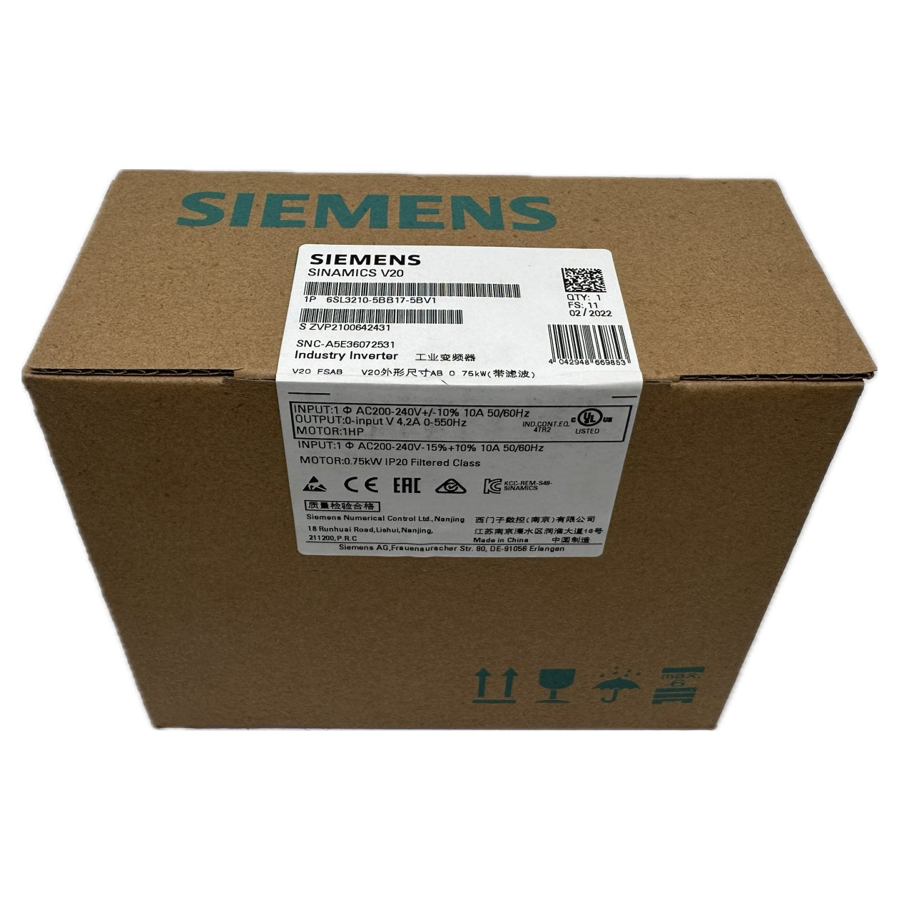 .LK3638 Sinamics V20 Inverter Siemens 6SL3210-5BB17-5BV1 Versiegelt