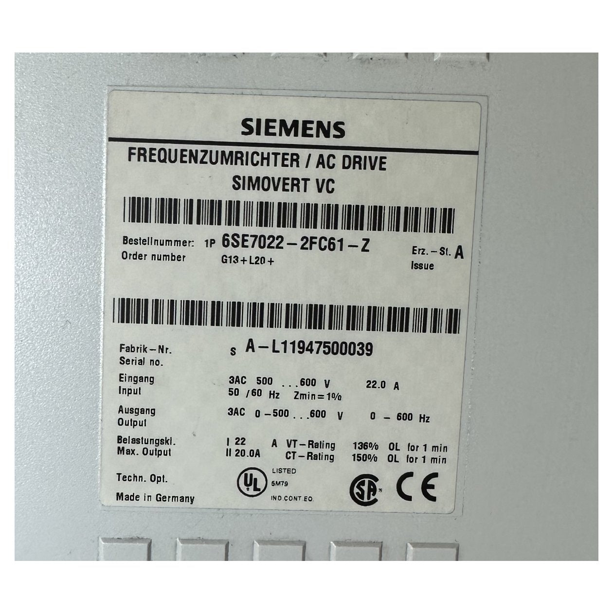 Siemens 6SE7022-2FC61-Z-2