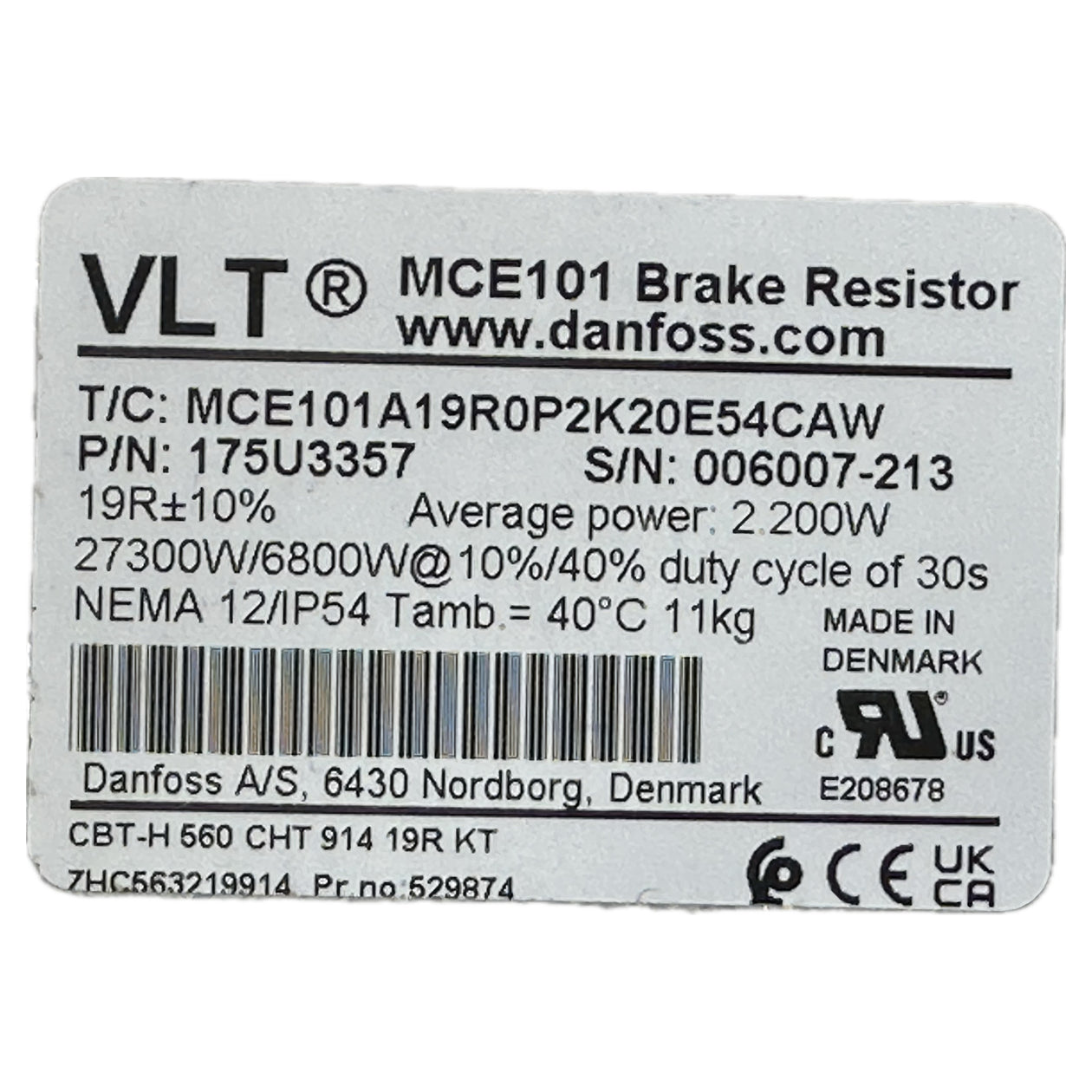 NJ286 MCE101 Brake Resistor Danfoss MCE101A19R0P2K20E54CAW 175U3357_4