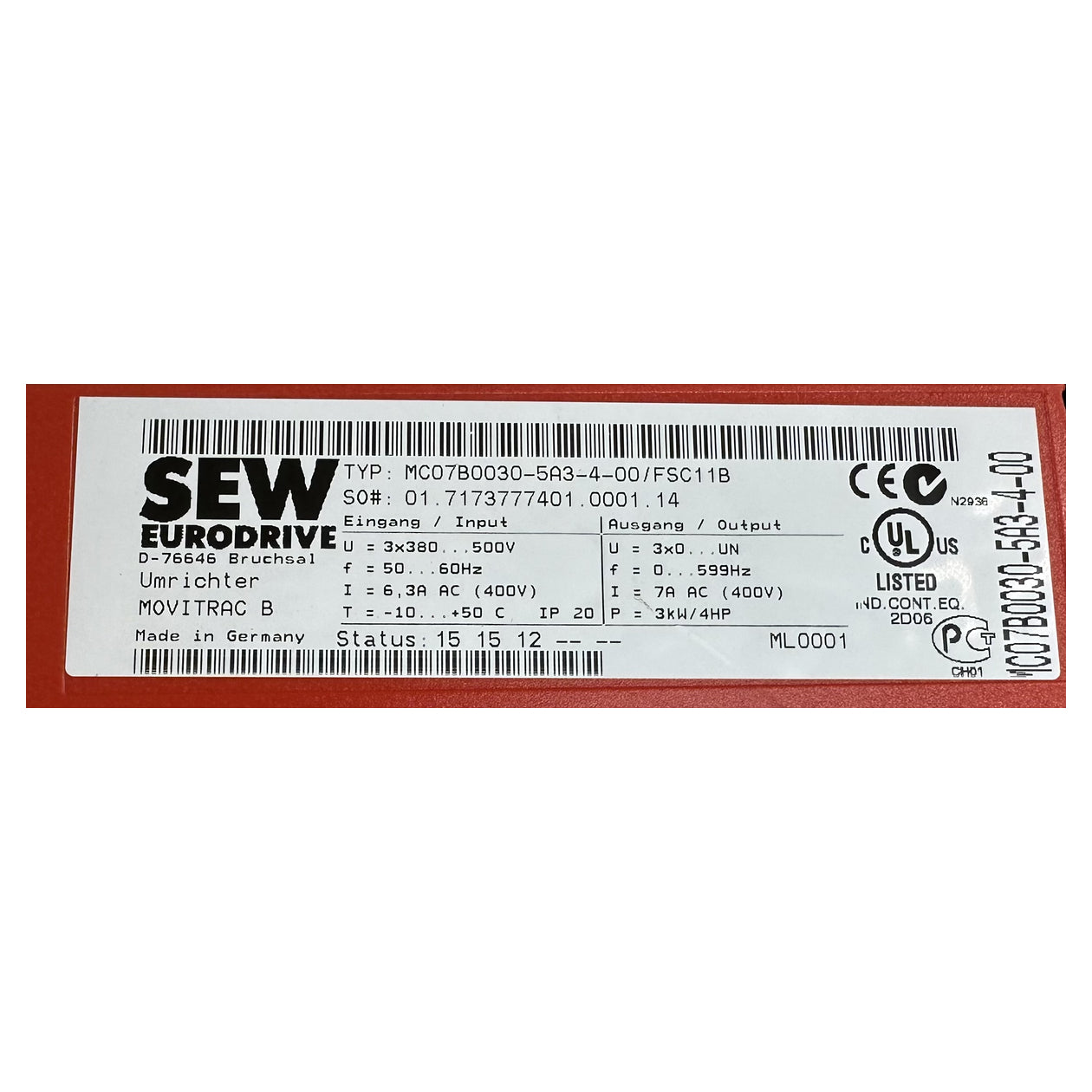 NJ329 Frequenzumrichter SEW MC07B0030-5A3-4-00 FBG11B 3KW 1.14_5
