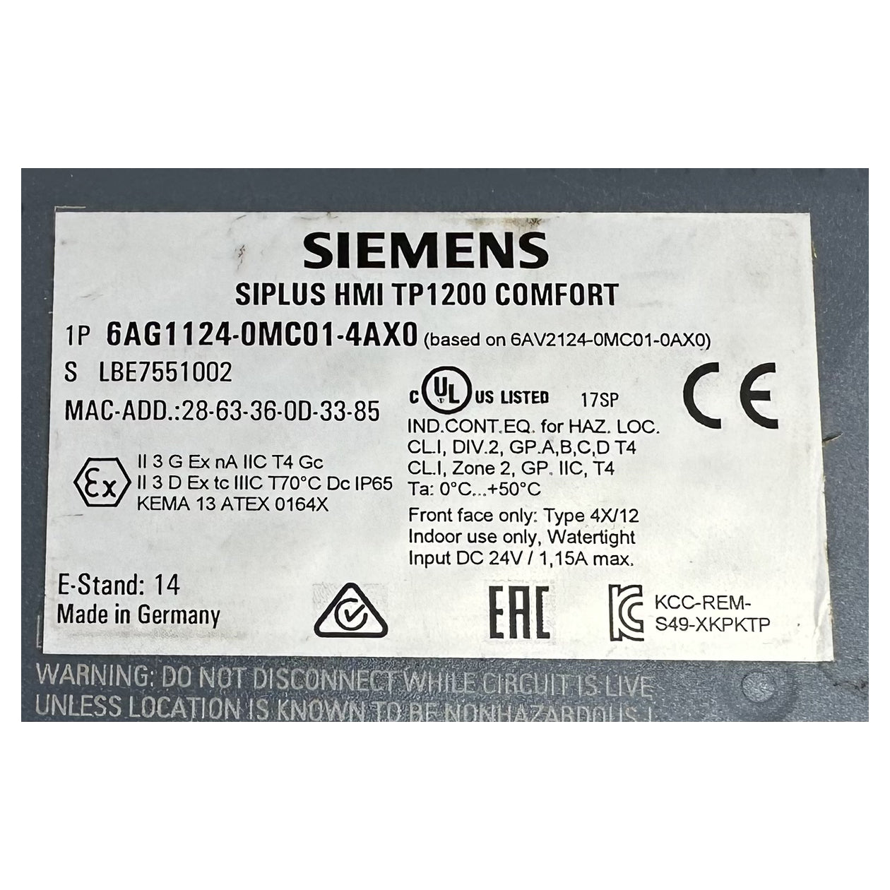 NJ342 Touchpanel HMI TP1200 Siemens 6AG1124-0MC01-4AX0 6AG1 124-0MC01-4AX0_6